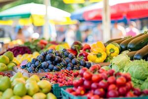 animé Extérieur marché rempli avec vendeurs vente Frais des fruits, légumes, et fleurs photo