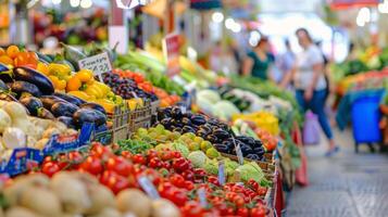 animé Extérieur marché rempli avec vendeurs vente Frais des fruits, légumes, et fleurs photo