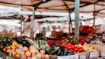 animé Extérieur marché rempli avec vendeurs vente Frais des fruits, légumes, et fleurs photo