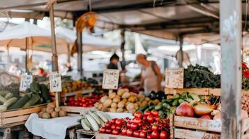 animé Extérieur marché rempli avec vendeurs vente Frais des fruits, légumes, et fleurs photo