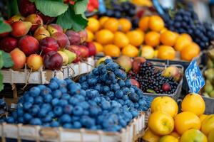 coloré tableau de Frais des fruits à Les agriculteurs marché, éclatement avec les saveurs de le été récolte photo