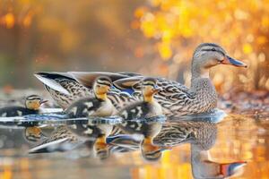 famille de canards nager dans étang, canetons Suivant étroitement derrière, charmant scène de faune photo