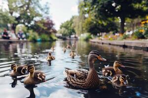 famille de canards nager dans étang, canetons Suivant étroitement derrière, charmant scène de faune photo