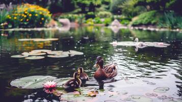 famille de canards nager dans étang, canetons Suivant étroitement derrière, charmant scène de faune photo