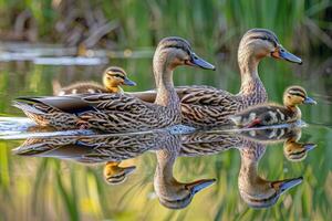 famille de canards nager dans étang, canetons Suivant étroitement derrière, charmant scène de faune photo