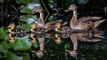 famille de canards nager dans étang, canetons Suivant étroitement derrière, charmant scène de faune photo