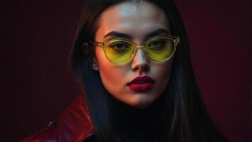 studio coup de Jeune femme avec longue tout droit foncé cheveux portant des lunettes avec unique Jaune teinté lentilles photo