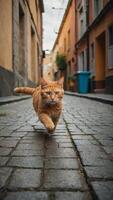 frappant rouge chat les courses vers le bas le Urbain rue avec élégance ses fourrure embrasé dans le lumière du soleil photo