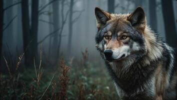 gris Loup permanent au milieu de brumeux soir forêt photo
