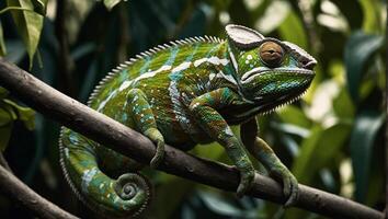 exotique caméléon de vibrant couleurs et frappant motifs formé par réseau de unique Balance au milieu de vert luxuriant jungles photo