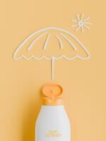 Créatif crème solaire bouteille avec tiré parapluie et Soleil sur Jaune Contexte photo