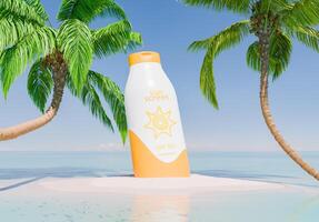 crème solaire bouteille sur tropical plage avec paume des arbres photo