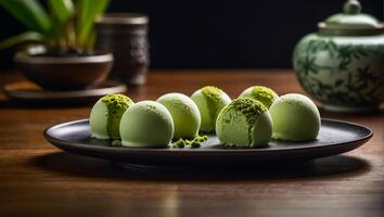 mochi magnifique matcha la glace crème dans une café délicieusement photo