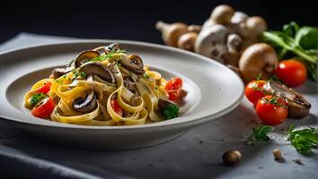 Fettuccine avec champignons et tomates restaurant photo