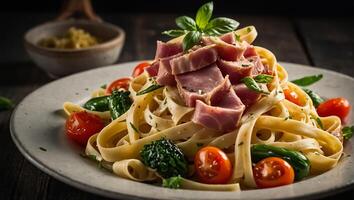 Fettuccine avec jambon et des légumes photo