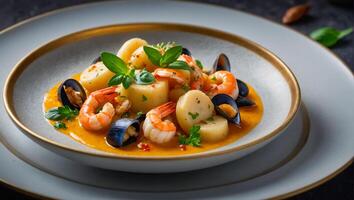 Gnocchi avec Fruit de mer délicieux dans une restaurant photo