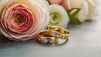 deux or mariage anneaux, fleurs photo