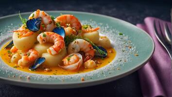 Gnocchi avec Fruit de mer délicieux dans une restaurant photo