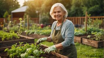 souriant personnes âgées femme portant jardinage gants dans le légume jardin photo