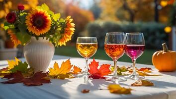 des lunettes avec vin, l'automne feuilles sur le table dans la nature photo