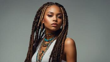 portrait de une élégant africain américain fille avec dreadlocks photo