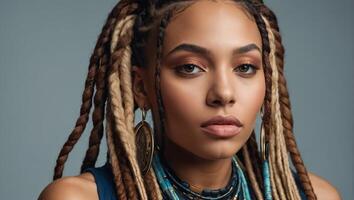 portrait de une élégant fille avec dreadlocks photo