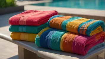 les serviettes sur Soleil chaises longues près le bassin photo