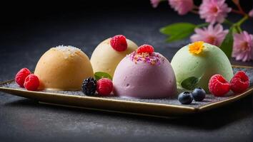 mochi magnifique la glace crème avec fleurs photo