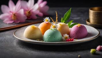 mochi magnifique la glace crème avec fleurs photo