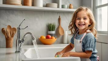 peu fille dans le cuisine, nettoyage concept photo