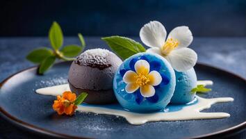 mochi bleu la glace crème avec fleurs dans café photo