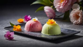 mochi magnifique la glace crème avec fleurs photo