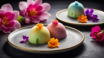 mochi magnifique la glace crème avec fleurs photo