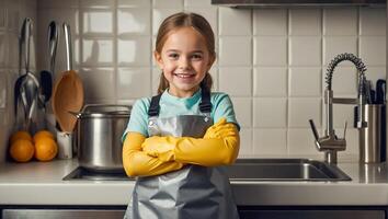 peu fille dans le cuisine, nettoyage concept photo