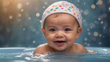 mignonne bébé baignade dans le une baignoire photo