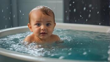 mignonne bébé baignade dans le une baignoire photo