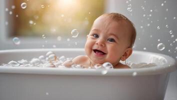 mignonne bébé baignade dans le une baignoire photo