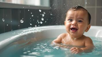 mignonne bébé baignade dans le une baignoire photo