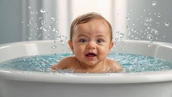 mignonne bébé baignade dans le une baignoire photo