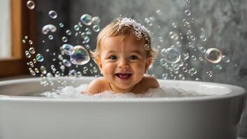 mignonne bébé baignade dans le une baignoire photo