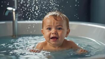 mignonne bébé baignade dans le une baignoire photo