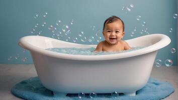 mignonne bébé baignade dans le une baignoire photo