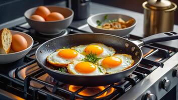 délicieux omelette une friture la poêle dans le cuisine photo