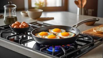 délicieux omelette une friture la poêle dans le cuisine photo