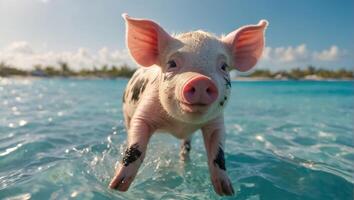 mignonne porc sur le Bahamas mer photo