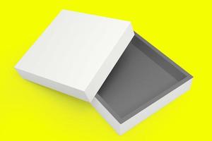 boîte cadeau en papier. boîte carrée blanche sur fond jaune. emballage pour maquette. boite cadeau. rendu 3D. photo