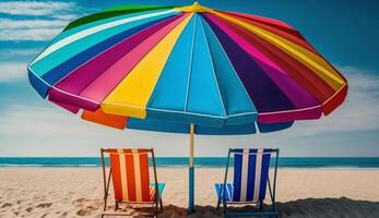 bleu ciel et multi coloré parapluies orner le plage généré par ai photo