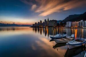 bateaux amarré à le rive de une Lac à crépuscule. généré par ai photo