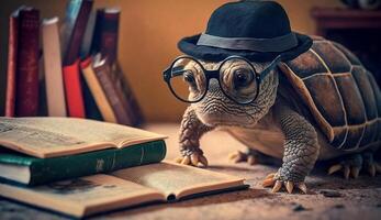 une tortue portant des lunettes et une chapeau lit livres. génératif ai. photo