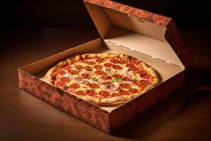 Pizza livraison concept cuit des produits dans une papier carton boîte contre une en bois Contexte cuit savoureux margherita Pizza dans traditionnel bois four dans napolitain restaurant Italie, génératif ai photo